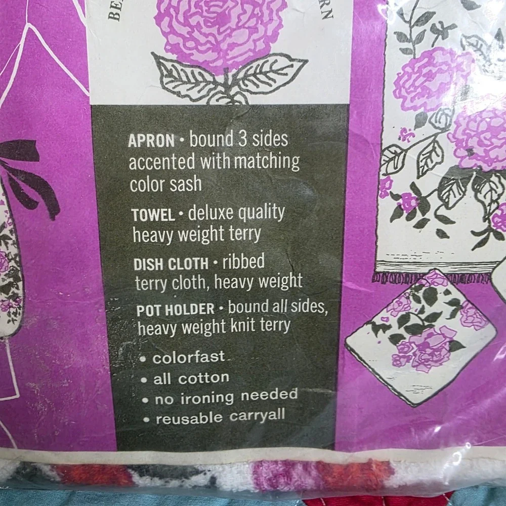 Excello Hostess Gift Set Terrycloth Floral Apron Towel Dish Cloth Pot Holder NOS